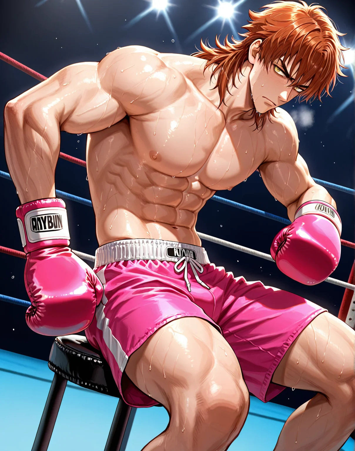 masterpiece, best quality, amazing quality, cyb88, 1boy, solo, toned male, male focus, muscular, sweat, boxing ring, auburn hair, yellow eyes, mullet, medium hair, pink boxing gloves, pink shorts, sitting, stool, view from the side, dutch angle, scowl, serious