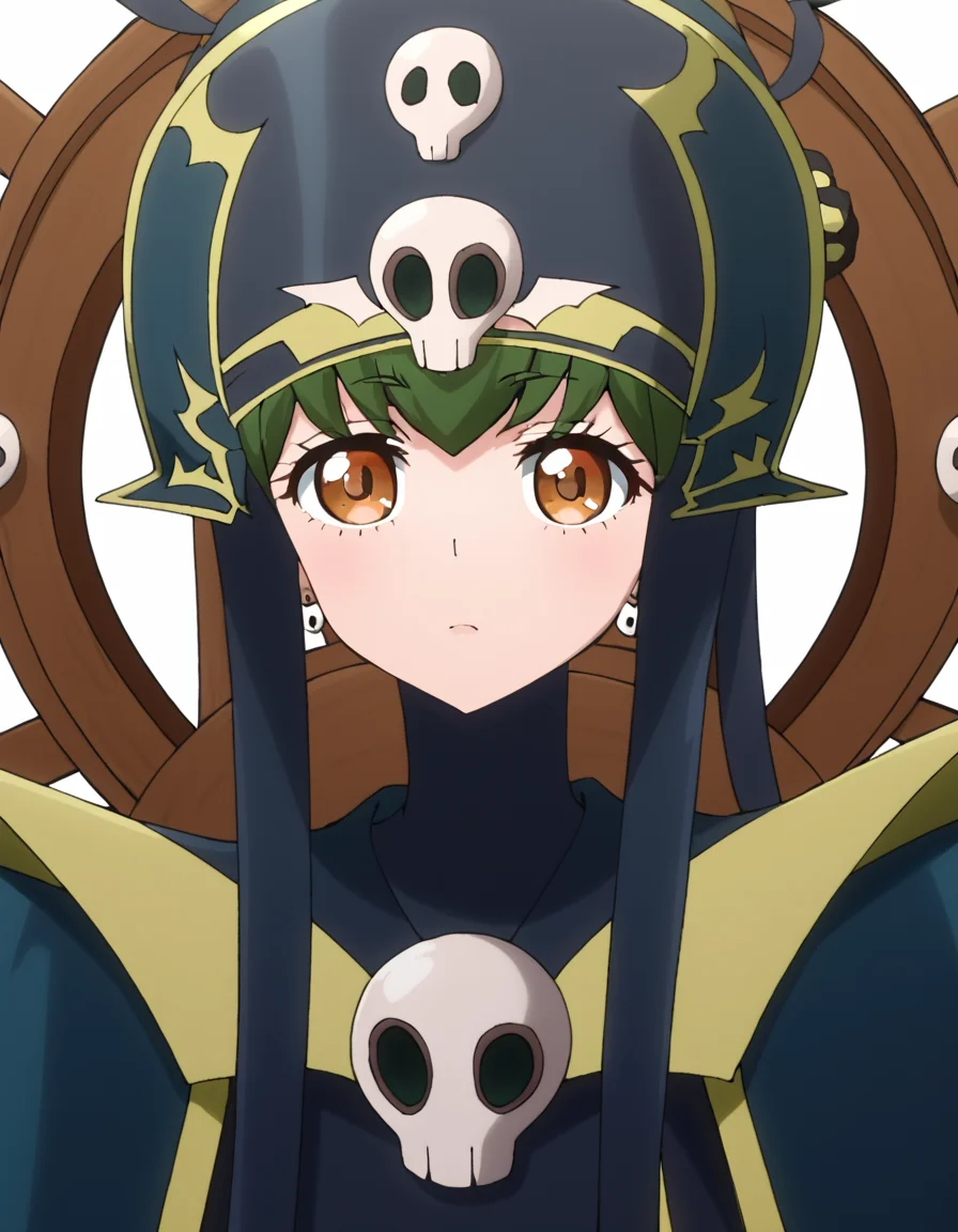 (masterpiece), (best quality), (ultra-detailed), score_9, score_8_up, score_7_up, score_6_up, score_5_up, score_4_up, source_anime, Danzai, long hair, hat, green hair, skull and crossbones, brown eyes, portrait, illustration, disheveled hair, detailed eyes, perfect composition, moist skin, intricate details, earrings, score_9, score_8_up, score_7_up, score_6_up, score_5_up, score_4_up, source_anime, Danzai, long hair, hat, green hair, skull and crossbones, brown eyes, portrait, full perfect, intricate detailed, cinematic, stunning, highly elaborate, complex
