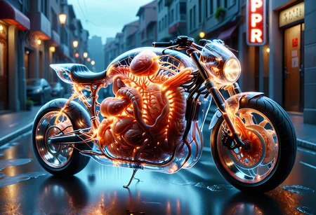 <lora:tranzp:1.1> tranzp style, motorcycle made of transparent clear glass, (driving a narrow street at night) <lora:cyberanatomy:0.6> cyberanatomy, blood vessels, intestines, colon, small intestine, guts, unidentifiable alien organs, nervous-system teeth, emblem,