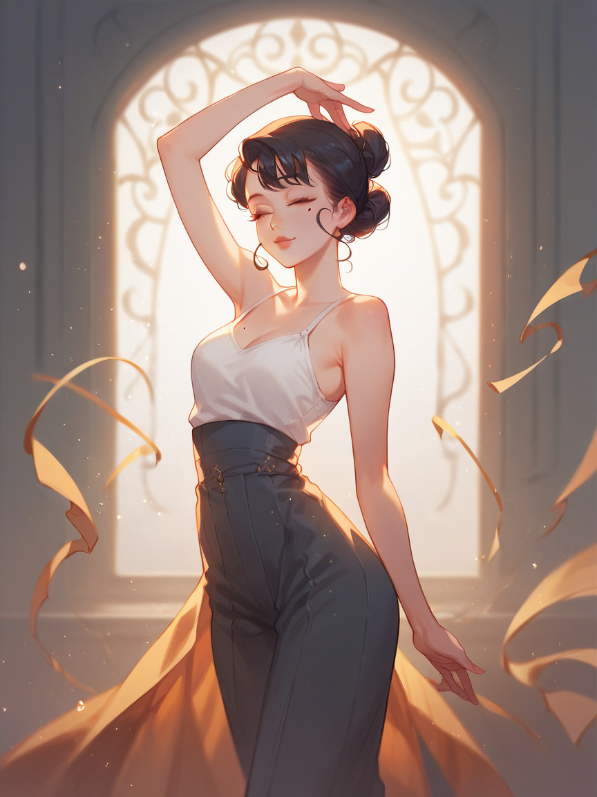 source_anime, score_9, score_8_up, score_7_up, score_6_up, score_5_up,  <lora:rdjXLP:1> rdj, light particles, 1girl, mole under eye, dancing,