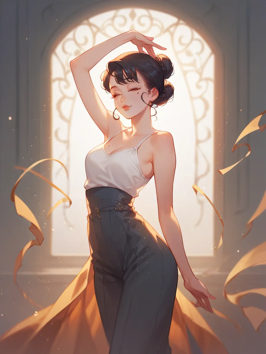 source_anime, score_9, score_8_up, score_7_up, score_6_up, score_5_up, <lora:rdjXLP:1> rdj, light particles, 1girl, mole under eye, dancing,