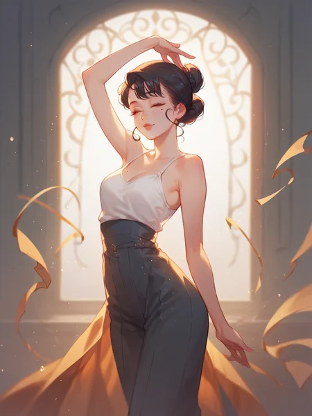 source_anime, score_9, score_8_up, score_7_up, score_6_up, score_5_up,  <lora:rdjXLP:1> rdj, light particles, 1girl, mole under eye, dancing,