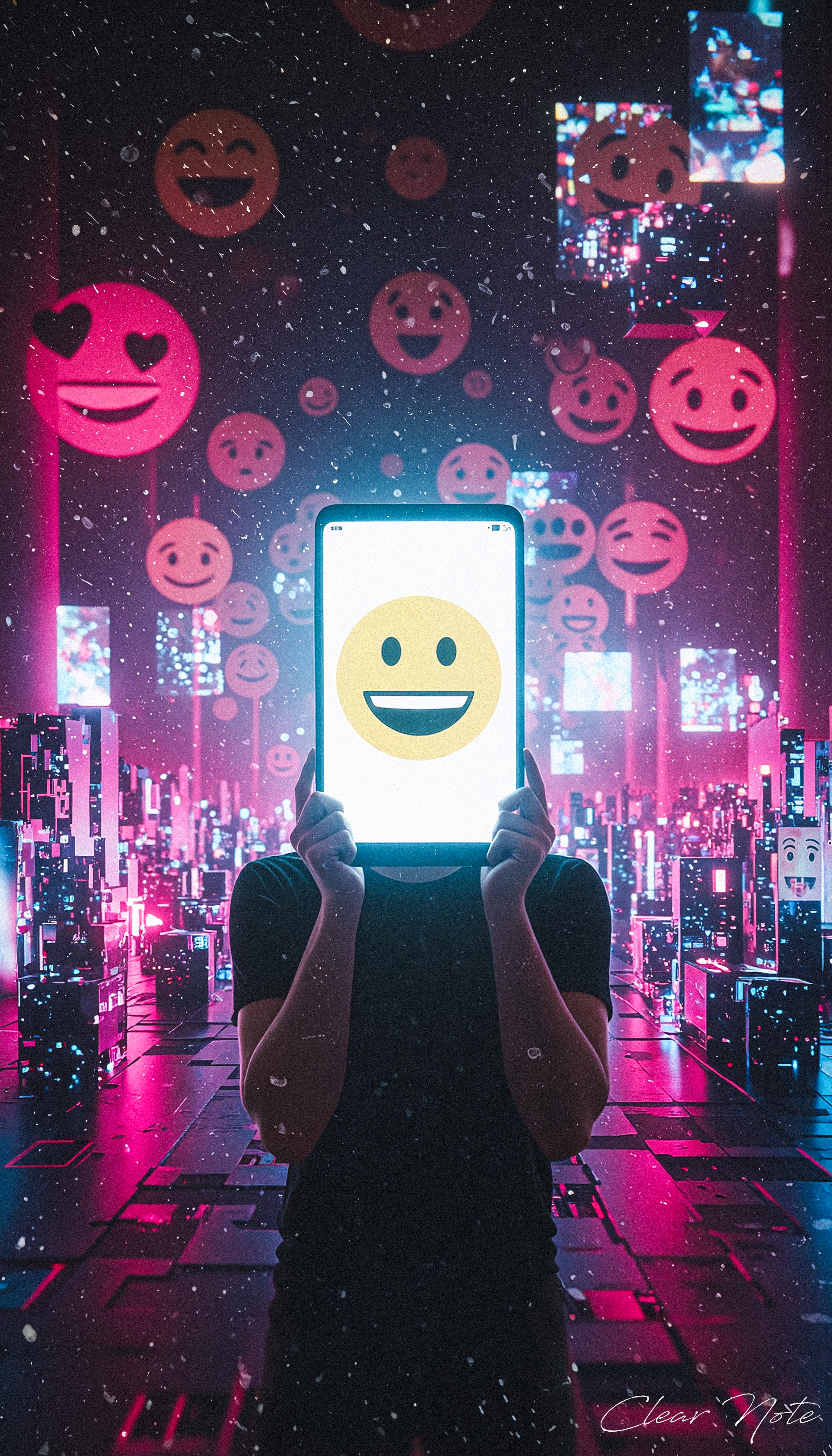 Neo Photorealistic Art Style, humans with smartphone screens for heads. The smartphone screen shows a happy emoji.