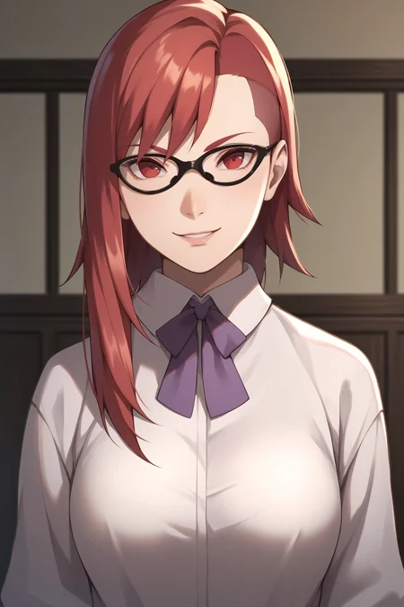 score_9, score_8_up, score_7_up, score_6_up, score_5_up, score_4_up, KarinUzumakiGAXL, black glasses, red eyes, red hair, long hair, shaved hair on one side, bangs, medium breasts, collered shirt, purple necktie, white shirt, solo, front view, (portrait, upper body), solo focus, seductive smile, looking at viewer, indoors <lora:KarinUzumakiGAXL:0.8>