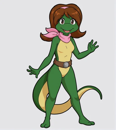 monalisatmnt, 1girl, solo, green skin, brown belt, pink scarf, tail, pink hairband, full body, looking at viewer, open mouth, small breasts, cartoon, source_cartoon, white background, <lora:Mona_Lisa_TMNT_1987:1>
