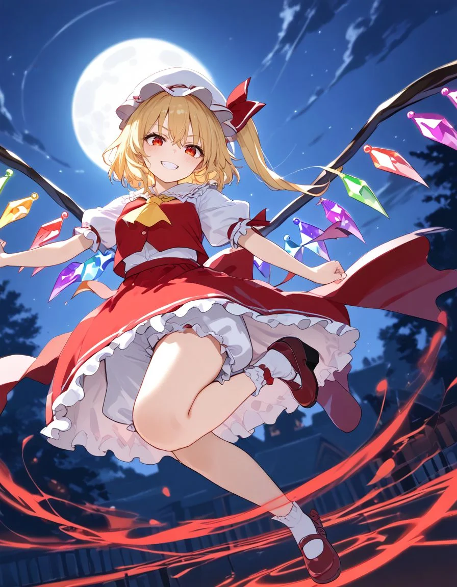 score_9, score_8_up, score_7_up, BREAK
source_anime, best quality, masterpiece, rating_safe <lora:sdxl_lightning_8step_lora:1> BREAK
1girl, BREAK
<lora:flan_nrm_v2_pony:1>flanN, flandre scarlet, (blonde hair:1.2), side ponytail, red eyes, red hair bow,hair between eyes, slit pupils, white headwear,
white puffy sleeves,white sleeves, short sleeves, red vest, yellow ascot, red skirt, red frilled skirt, frills, wind, bloomers,
looking at viewer,looking down, full-length portrait, evil grin, flying, midair, spread arms, magic circle, magic effect,
outside, night, night sky,full moon, huge moon, bloodmoon, moon, backlighting, scenery, depth of field,