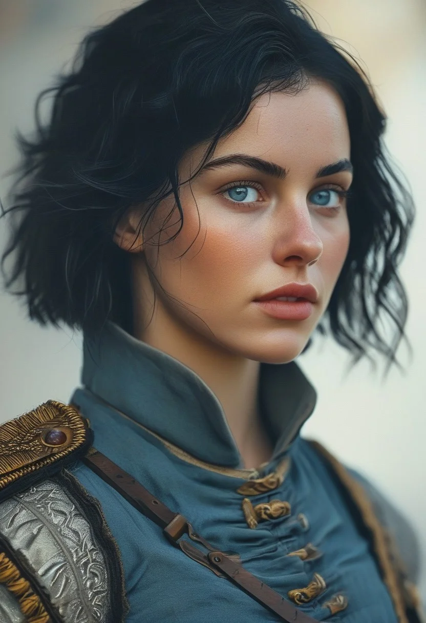 HUD, 4k, Highly detailed and stylized portrait of an historical female soldier from the 16th century. The subject is a young woman with fair skin, short wavy black hair, and piercing blue eyes. (((One beautiful woman))), with black hair, wavy black hair, bob cut hair, big bust, athletic build, muscular,
One beautiful woman, with black hair,
((random detailed background))
(8k uhd:1,4)
(((full-clothed))),
<lora:add-detail-xl:1>
<lora:Dynamic Poses:1>