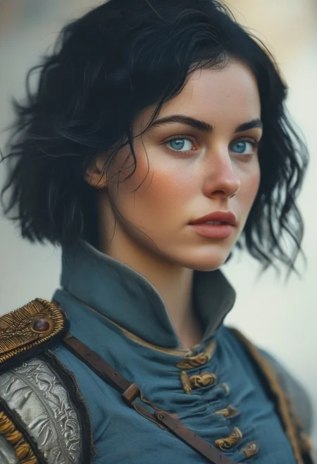 HUD, 4k, Highly detailed and stylized portrait of an historical female soldier from the 16th century. The subject is a young woman with fair skin, short wavy black hair, and piercing blue eyes. (((One beautiful woman))), with black hair, wavy black hair, bob cut hair, big bust, athletic build, muscular,
One beautiful woman, with black hair,
((random detailed background))
(8k uhd:1,4)
(((full-clothed))),
<lora:add-detail-xl:1>
<lora:Dynamic Poses:1>