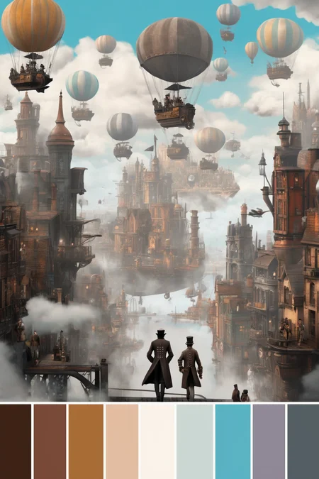 <lora:Cinema Color Palette:1>Color Palette - A steampunk city floating in the clouds. Airships dock at tall spires, and citizens in Victorian attire walk on cobbled pathways.