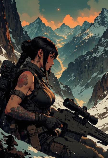 In the style of ff-td, nistyle, Silhouette Art, magnificent, crisp lines, closeup portrait of stunning mercenary, mountain top, overlooking a huge valley, beautiful girl, breasts, curvy, looking down scope, looking away from viewer, laying on the ground, aiming a sniper rifle, dark braided hair, backwards hat, armor, sleeveless, arm sleeve tattoos, muscle tone, dogtags, sweaty, foreshortening, depth of field, at night, night, alpine, lightly snowing, dusting of snow,
Closeup, detailed face, freckles,