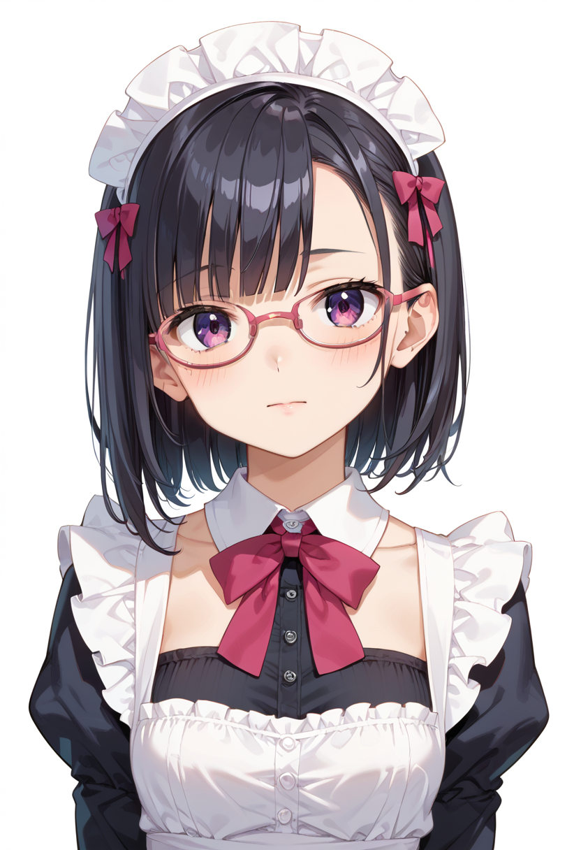 score_9, score_8_up, score_7_up, rating_safe, masterpiece, best quality, absurdres, unity 8k wallpaper, official art, official style, source_anime, uncensored, game cg, megami magazine,
1girl, solo, black hair, medium hair, upper body, covered eyes,maid, maid headdress, black dress, maid apron, face focus,
oval_metal, glasses, still life, white background, simple background, pink-framed eyewear,
 <lora:glasses_OvalMetal2_PONY_V1:1>