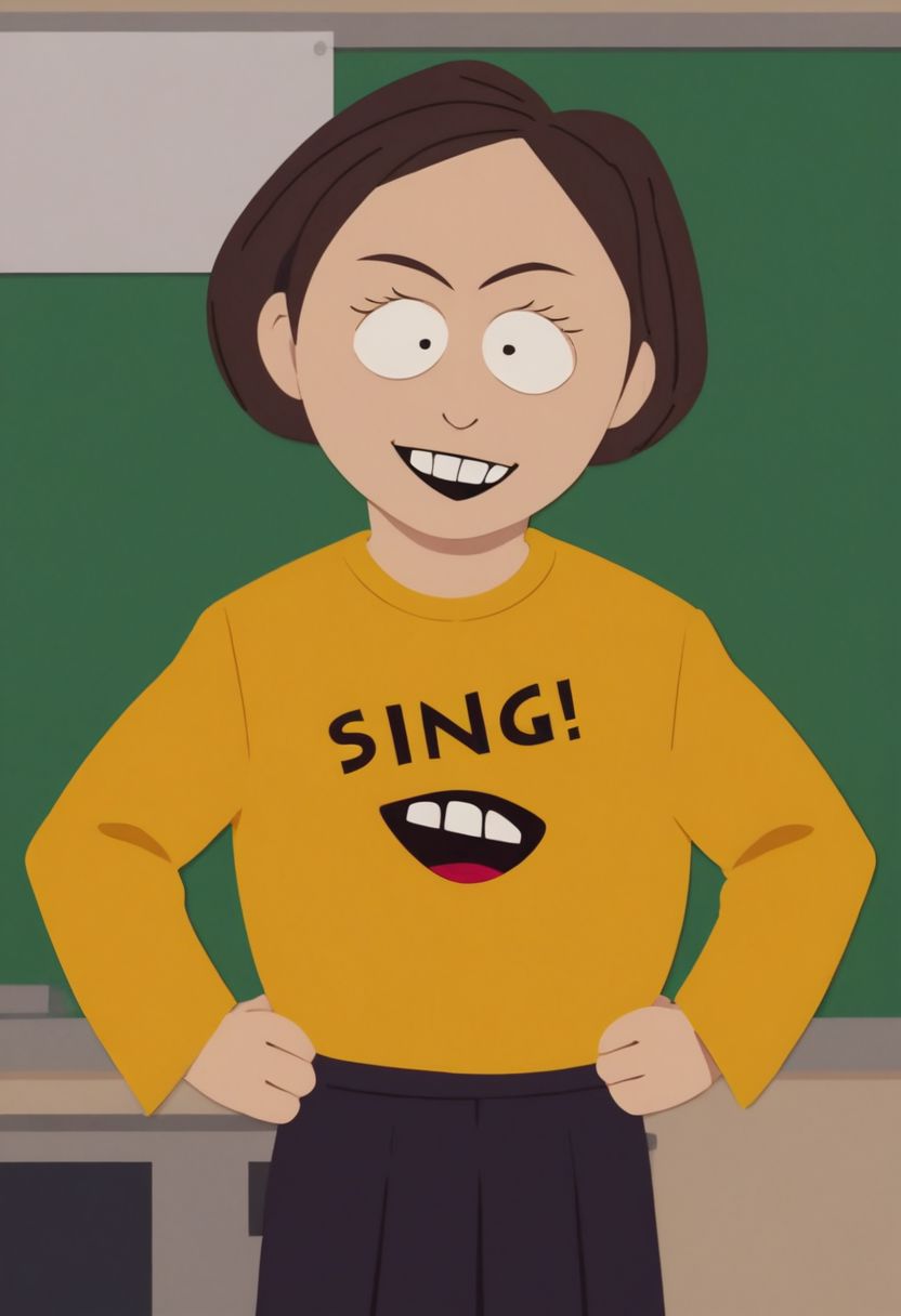 Score_9_up, score_8_up, score_7_up, 1girl, solo, msstevenssp, brown hair, smile, yellow shirt, skirt, hands on hip, classroom, Expressiveh