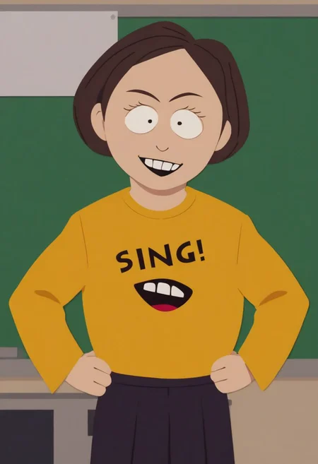 Score_9_up, score_8_up, score_7_up, 1girl, solo, msstevenssp, brown hair, smile, yellow shirt, skirt, hands on hip, classroom, Expressiveh
