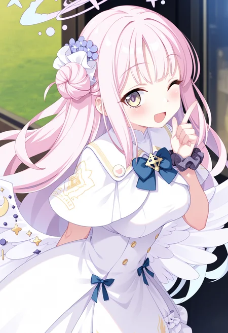 (best quality , masterpiece, good quality), sfw, general, 1girl, solo, mika \(blue archive\), index finger raised, wink, one eye closed, wrist scrunchie, blush, smile, open mouth, looking at viewer, <lora:kannagireistyle_ilxl:1>, kannagireistyle,