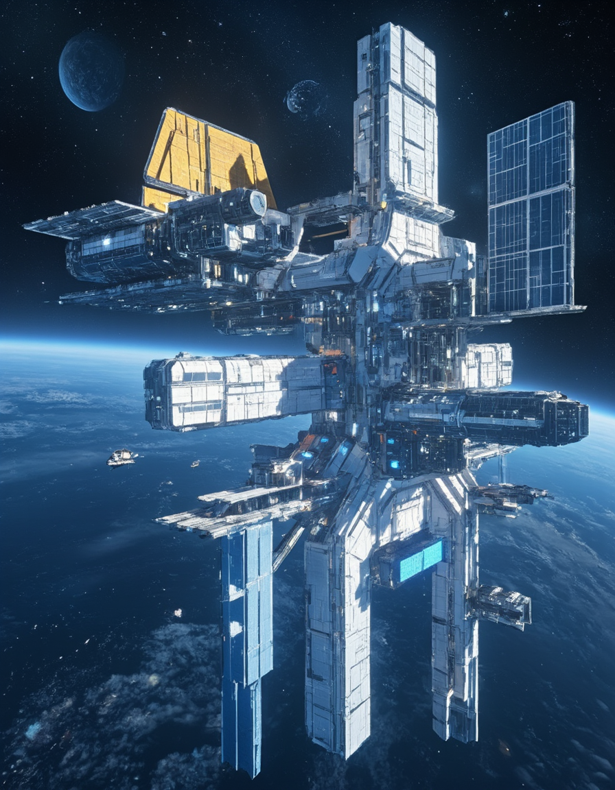 <lora:SW_Minis_3v2flux:1> IMG_1244.CR2, a massive futuristic space station in space, swminis3all, photo, test1