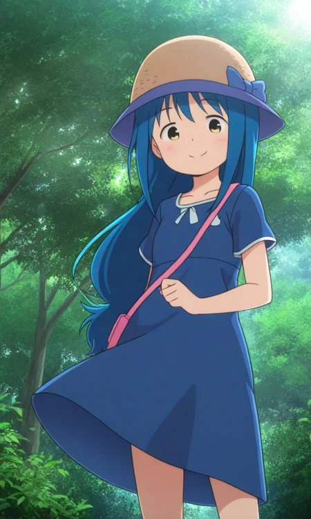 ,kotha, blue hair, long hair, sun hat, blue dress, solo