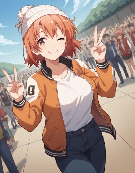 score_9, score_8_up, score_7_up, source_anime, <lora:yui-yuigahama-s2s3-ponyxl-lora-nochekaiser:1>, yui yuigahama, short hair, brown eyes, orange hair, hair bun, single hair bun, large breasts,, <lora:letterman-jacket-ponyxl-lora-nochekaiser:1>, letterman jacket, jacket,, outdoors, crowd, people, v, v over eye, one eye closed, tongue out, smile, beanie, pants, open clothes, open jacket,, cowboy shot, solo, looking at viewer, dutch angle,