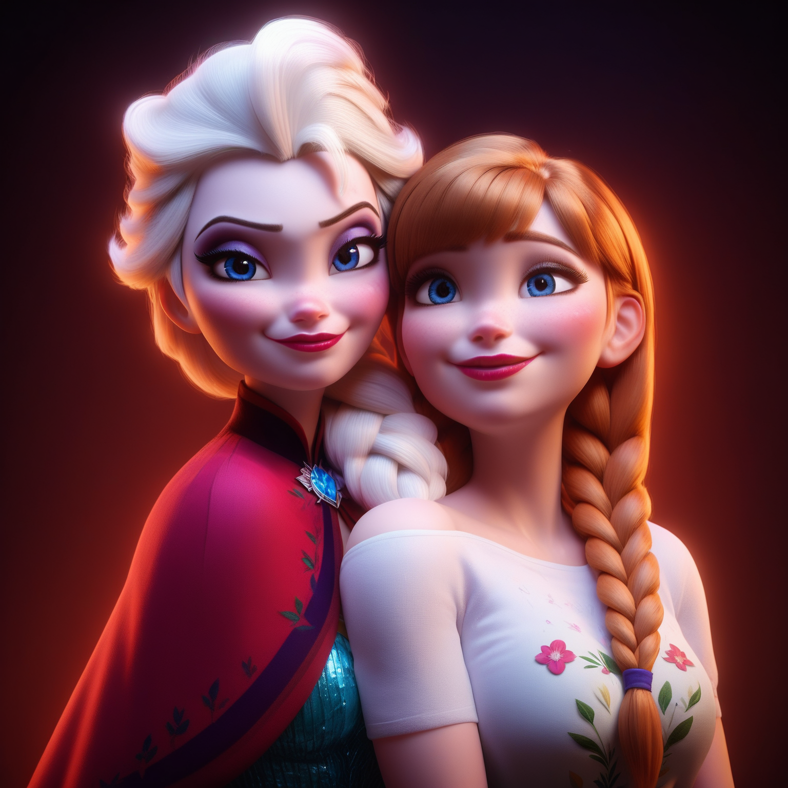 [score_9, score_8_up, score_7_up, score_6_up,realitic, indoor,Starbucks,disney style,2girls is kissing,boobs to boobs,looking at viewer,Embrace,together,pretty face,anna,elsa,<lora:Anna-Elsa-Dalle3-2:0.9>,<lora:Photo 2 Style SDXL_LoRA_Pony Diffusion V6 XL:0.7>]
2girl,elsa,ð¥¹ face,(red-suit:1.2) ,
2girl,anna have 2 braid,ð¥¹ face,floral T-shirt,