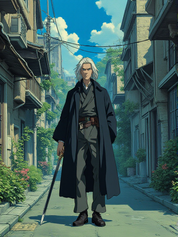 anime style, a man with a sword is standing in the street  <lora:Anime_style:0.9>
