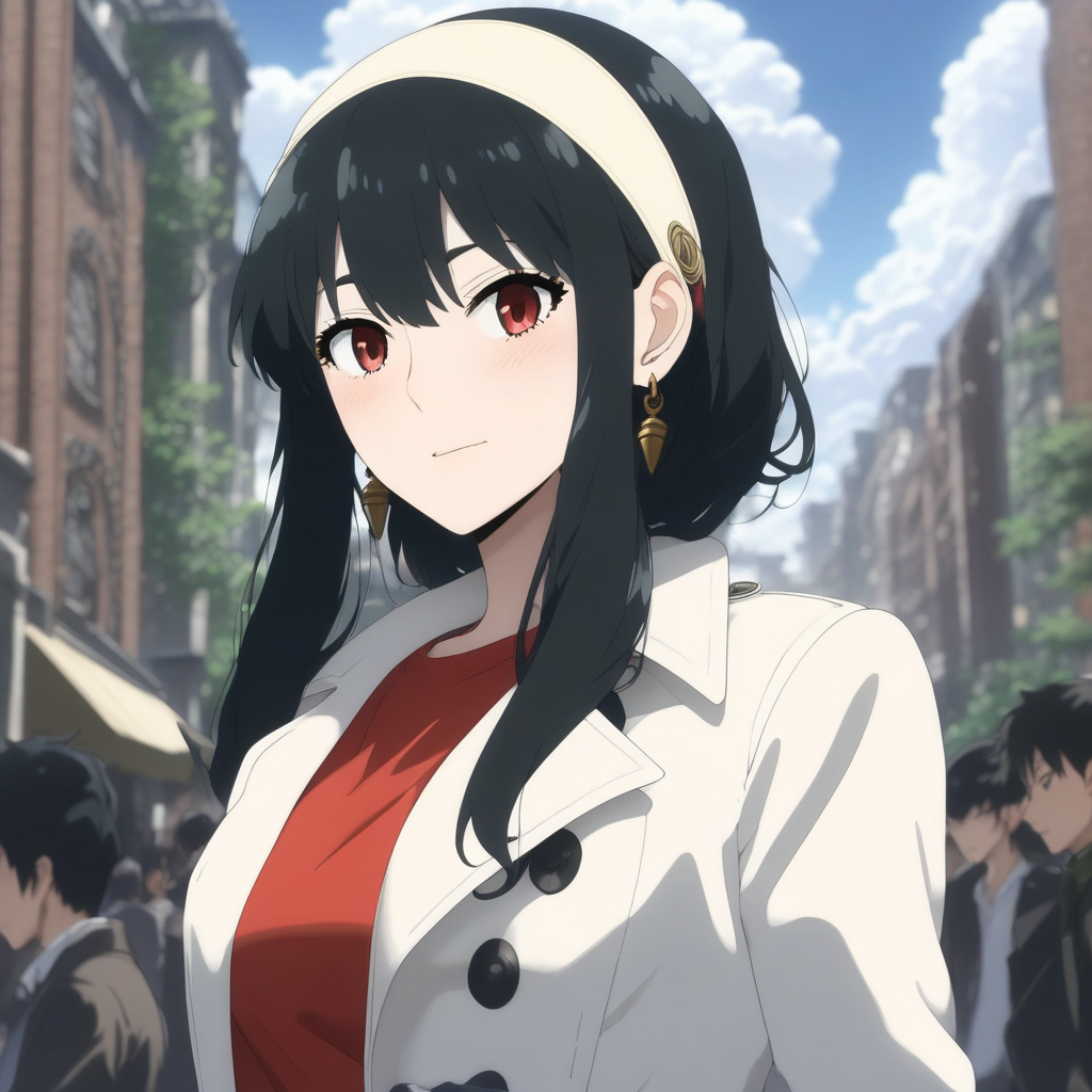 masterpiece, best quality, highres, 4k, 8k, intricate detail, cinematic lighting, amazing quality, amazing shading, soft lighting, Detailed Illustration, anime style, yorbriar, yor briar, black hair, red eyes, earrings, white hairband, hairband, long hair, sidelocks, coat, trench coat, outdoors, cityscape, crowd, people, sky, blue sky, clouds, looking at viewer, full body, dynamic pose,