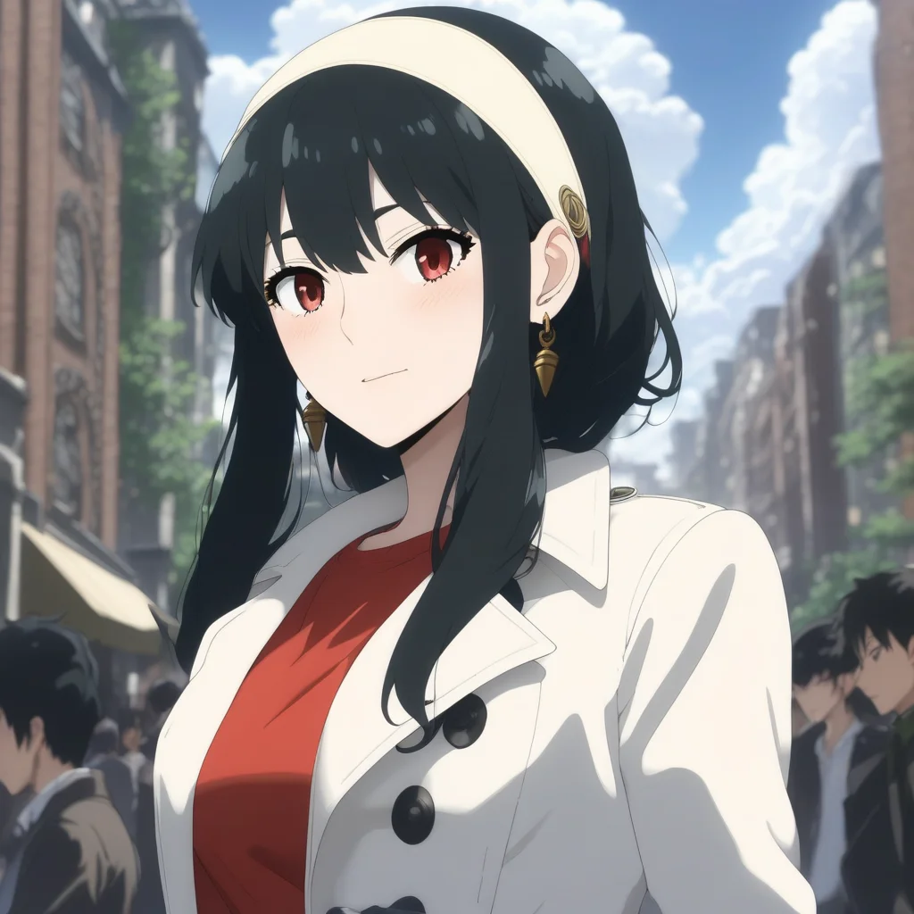 masterpiece, best quality, highres, 4k, 8k, intricate detail, cinematic lighting, amazing quality, amazing shading, soft lighting, Detailed Illustration, anime style, yorbriar, yor briar, black hair, red eyes, earrings, white hairband, hairband, long hair, sidelocks, coat, trench coat, outdoors, cityscape, crowd, people, sky, blue sky, clouds, looking at viewer, full body, dynamic pose,