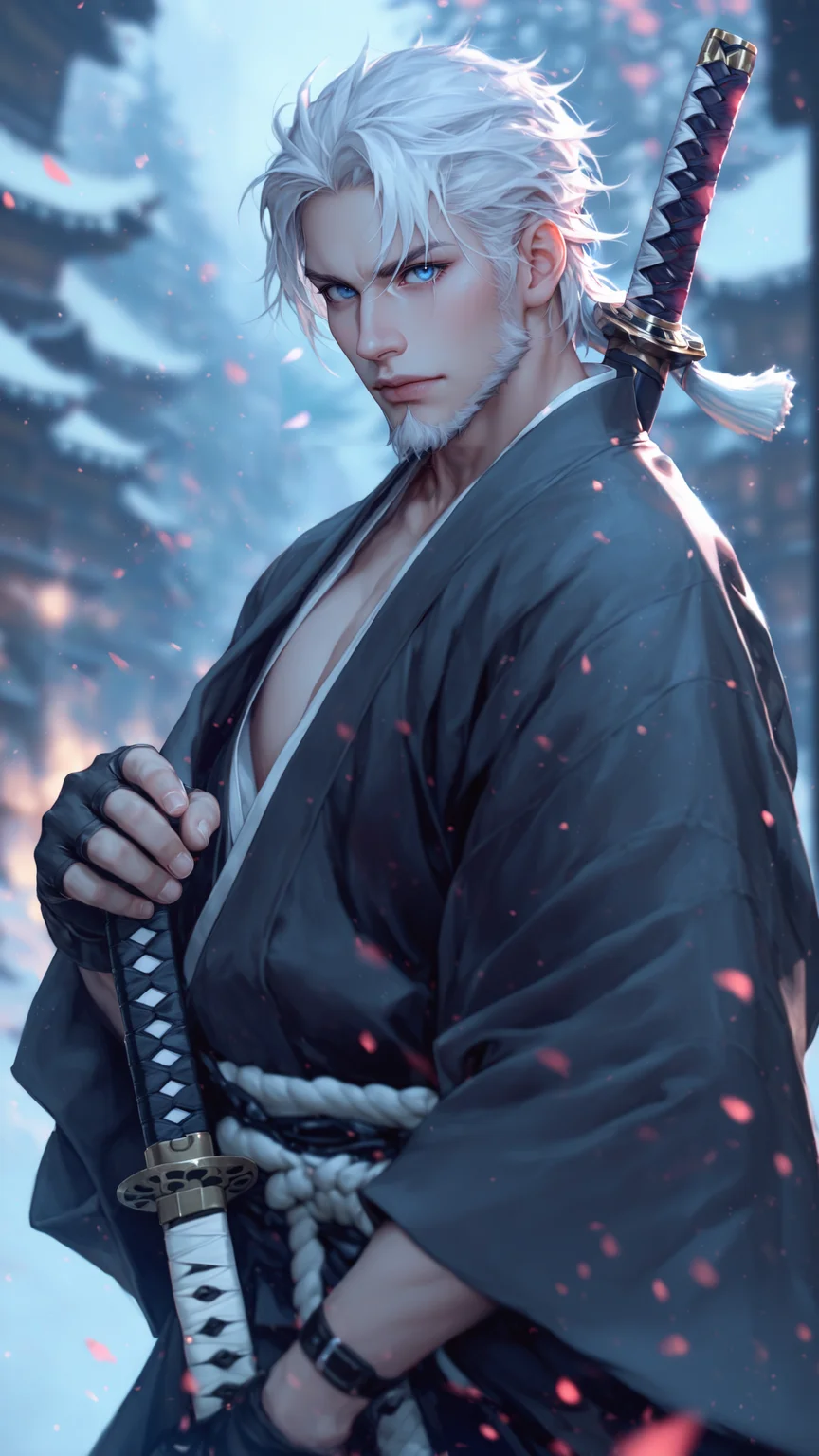 score_9, score_8_up, score_7_up, i want the whole image to be created in 3D anime style, solo, looking at viewer, blue eyes, gloves, 1boy, holding, closed mouth, weapon, white hair, male focus, japanese clothes, black gloves, sword, fingerless gloves, holding weapon, blurry, muscular, blurry background, facial hair, holding sword, katana, sheath, realistic, manly