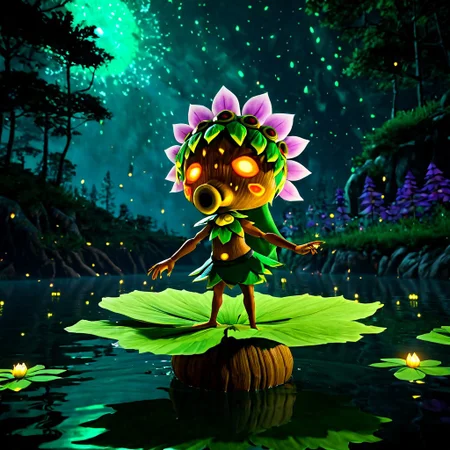 Deku woman, forest, at night, giant flowers, standing on a giant flower that is floating on the water that is purple, dance pose, fireflies, low lighting, cinematic green lights, tubular mouth, wooden body, leaf hair, glowing eyes, yellow eyes, The Legend of Zelda, The Legend of Zelda: Majora's Mask