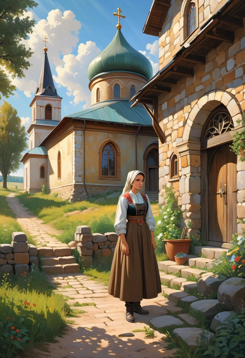 (masterpiece:1.5), (best quality), (8k resolution), highly detailed painting in the style of Abram Efimovich Arkhipov, a rustic village scene with a peasant woman standing in front of a stone church, dynamic brushstrokes, expressive and vibrant colors, sunlight filtering through clouds, rich earthy tones, fabric of the woman’s clothes painted with intricate texture, detailed architecture of the old church, slightly worn and weathered stones, soft lighting, dramatic shadows, historical realism, mood: nostalgic and intense, painterly texture, traditional Russian countryside, (Russian realism:1.3)