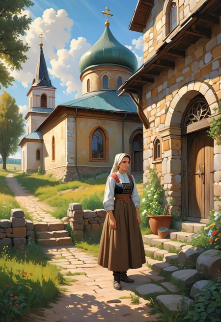 (masterpiece:1.5), (best quality), (8k resolution), highly detailed painting in the style of Abram Efimovich Arkhipov, a rustic village scene with a peasant woman standing in front of a stone church, dynamic brushstrokes, expressive and vibrant colors, sunlight filtering through clouds, rich earthy tones, fabric of the woman’s clothes painted with intricate texture, detailed architecture of the old church, slightly worn and weathered stones, soft lighting, dramatic shadows, historical realism, mood: nostalgic and intense, painterly texture, traditional Russian countryside, (Russian realism:1.3)