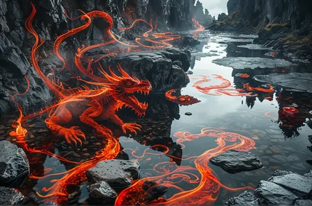 Close up photo of a ((red dragon)) gliding over a lava pool, reflections in the water, volcanos in the style of double exposure, Art Nouveau, long exposure, layered lines, chiaroscuro, the best quality, masterpiece, absurdres, Long_Exposure ral-exposure, i <lora:ral-exposure-sdxl:0.700000>