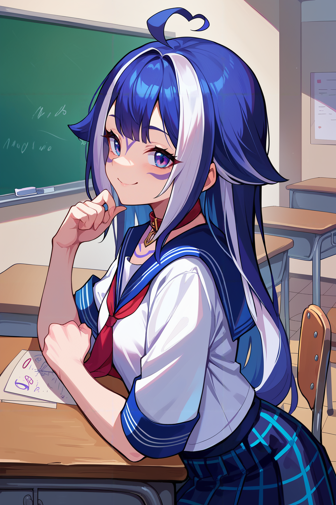 score_9,score_8_up,score_7_up,score_6_up,<lora:shylily xl pd:1>shylily,long hair, multicolored hair,streaked hair,ahoge, tattoo, 1girl,school uniform, serafuku, sailor collar, black skirt,white shirt, plaid skirt, classroom,desk,table,chair, chalkboard, smile,face tattoo,collar