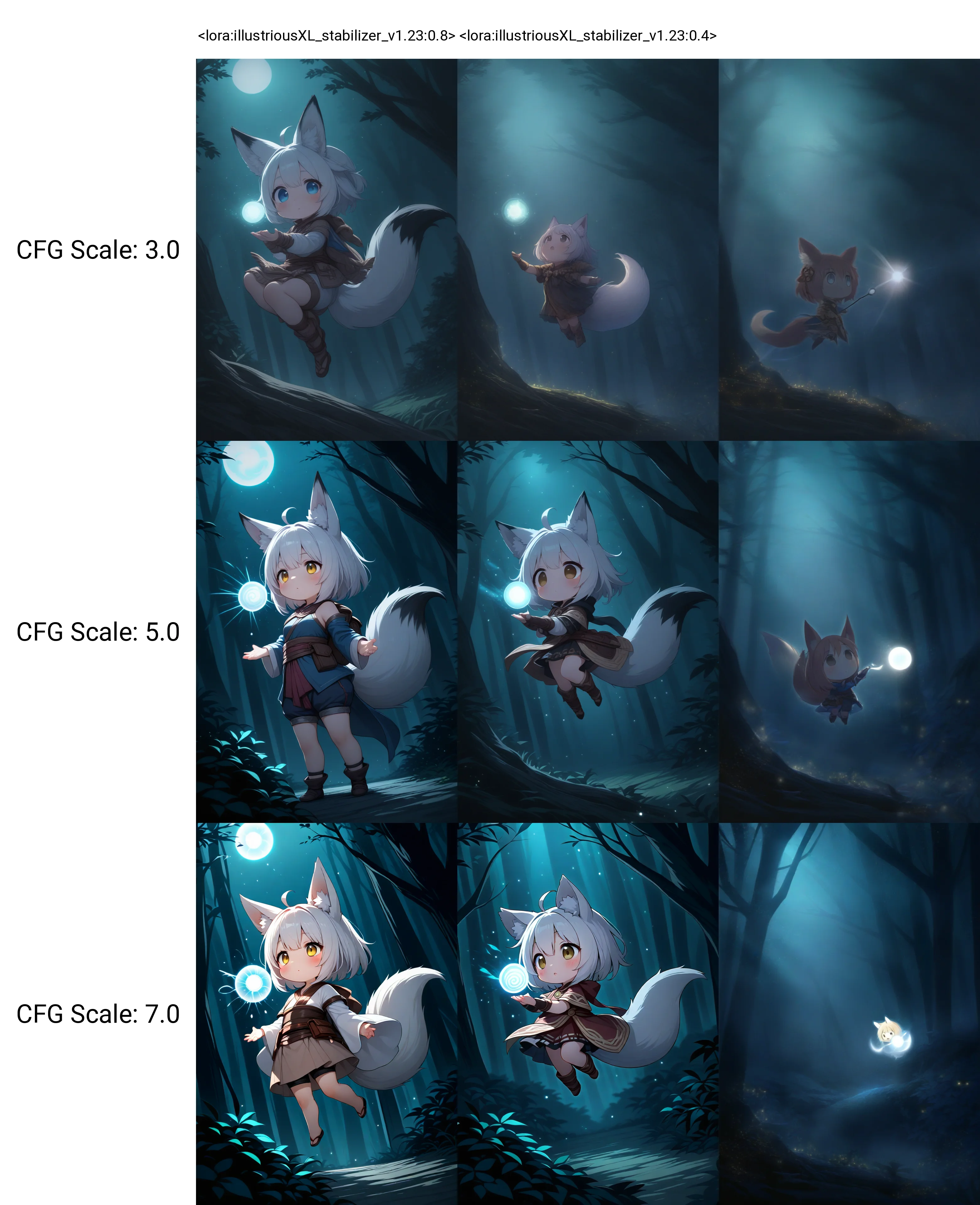 <lora:illustriousXL_stabilizer_v1.23:0.8>1girl,chibi,fox ears,fox tail,round eyes,holding light orb,full body,light particles,fantasy,dark,night,forest,masterpiece,best quality,
