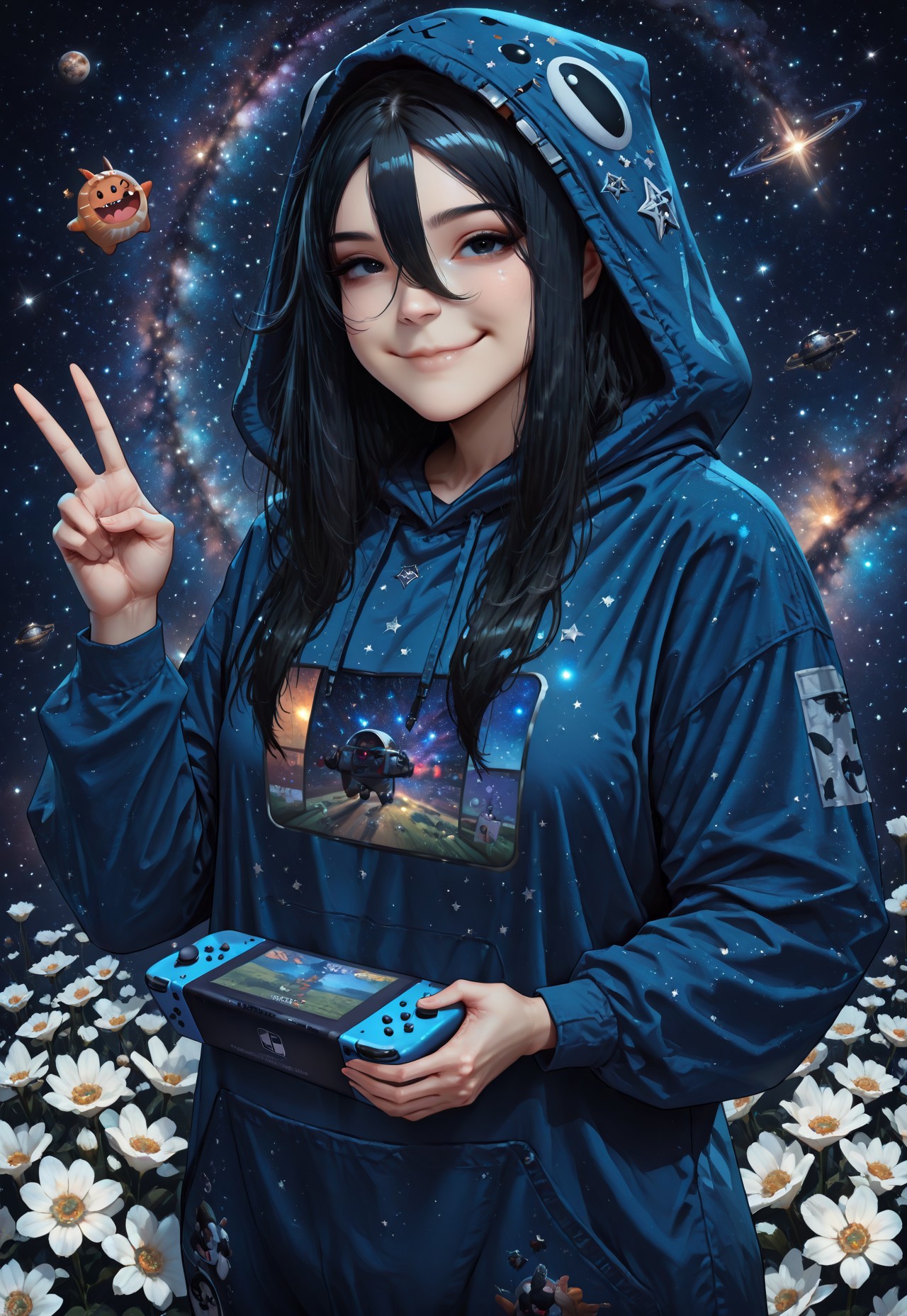 masterpiece, best quality,high quality, newest, highres,absurdres,  traditional media,  Gloomyowl, 1girl, sidelock, solo, black hair, hair between eyes, cowboy shoot, v, smile,  holding,  nintendo switch, handheld game console, standing,  looking at viewer, closed mouth, long hair, bangs, kigurumi, hood up, hood, black eyes space, sky, white flower, star (sky), starry sky,   artist:moriimee, Gorgeous Galactic