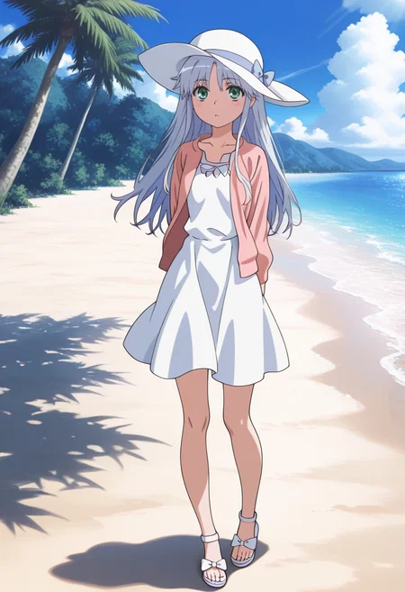 newest, masterpiece, best quality, 4k,
outdoors,beach, blue sky, clouds, very aesthetic, detailed background, full body,
1girl, solo, <lora:Index:1> 1ndex, index (toaru majutsu no index), grey hair, long hair, green eyes,white dress, pink jacket, sun hat,