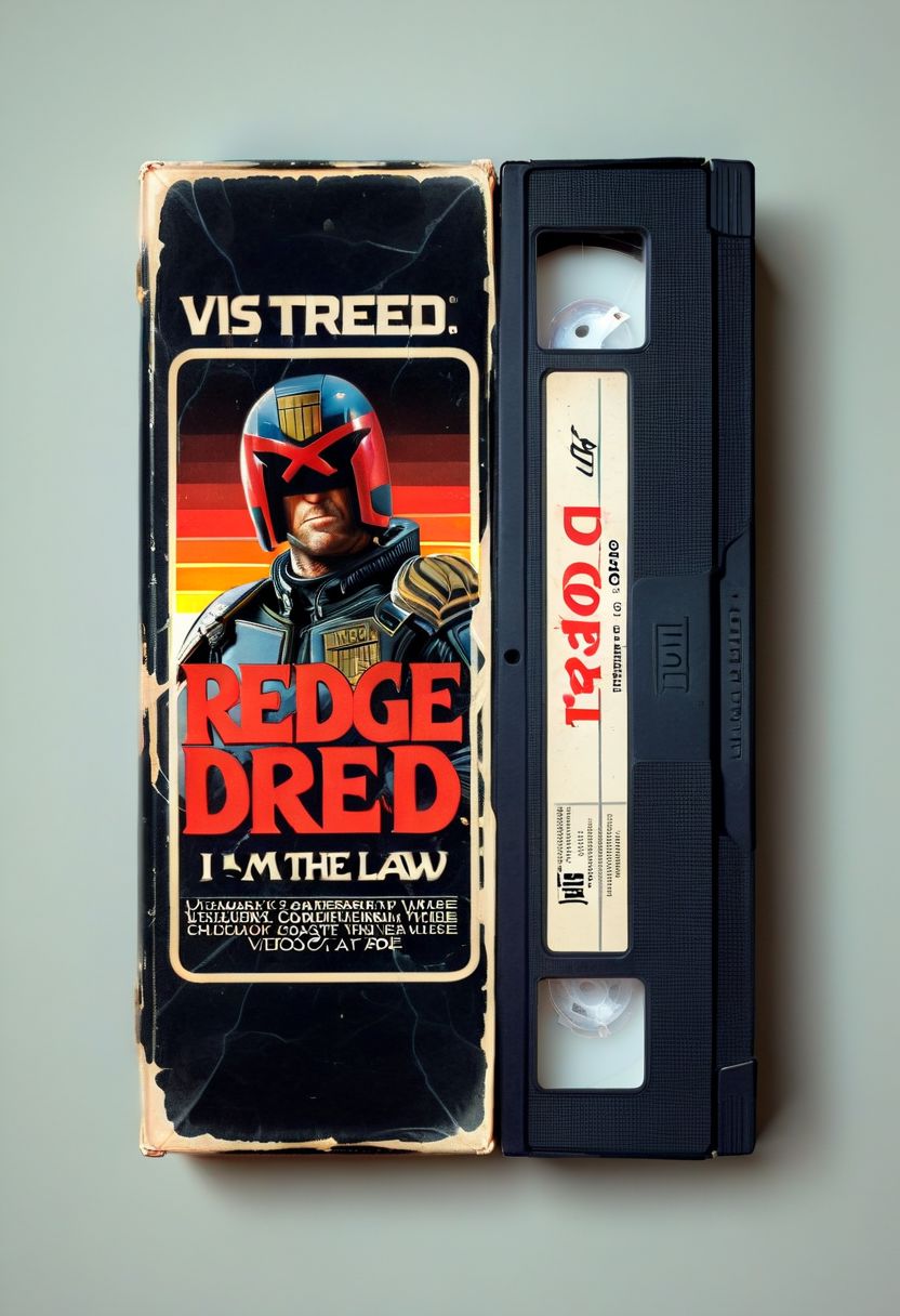 vhs-box, text focus, english text, "I AM THE LAW" text, vhs casette, retrowave, BREAK  judge dredd movie vhs box, jdgdrdd on the cover,  helmet, red eyes, coffee cup, military uniform, BREAK red stripes, sans serif font, retro, logo parody, vhs black case, E-180, logo parody, VHS, "COFFEE" text, handwriting, masking tape overlay, object focus, vhs tape
