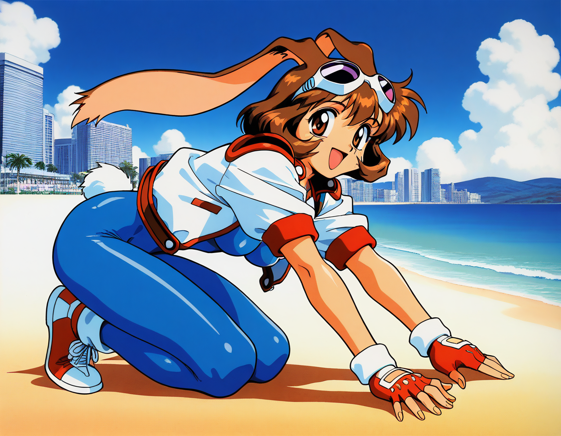 masterpiece, best quality, good quality, <lora:Makihara_Arina_IS:1>Makihara_Arina, brown hair, animal ears, goggles on head, rabbit ears, brown eyes, 1990s (style),  medium breasts, anime, anime style,
1girl, solo, gloves,  fingerless gloves, blue bodysuit, sneakers, cropped jacket, open mouth, smile,
 bodysuit, shoes, looking at viewer, jacket, full body, 
eyewear on head, bangs, spandex
blue sky, beach, building,