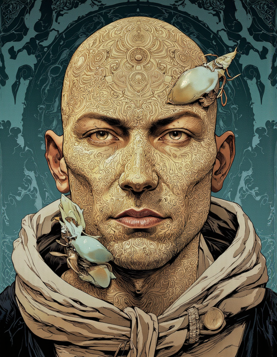 A digital illustration featuring an elaborate portrait of a monk, desire to achieve enlightenment, cyberpunk, detailed, realistic.