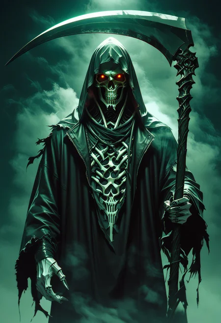 score_9,score_8_up,score_7_up, grim reaper, large scythe, torn clothes, foggy cemetry