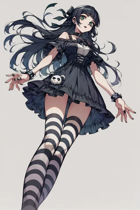 score_9, score_8_up, score_7_up, score_6_up, 1girl,
<lora:Togetsu_Rei:0.8> togetsu, 1girl, long hair, black hair, green eyes, bow, ribbon, goth, goth girl, black makeup, pale, piercing, striped stockings, low angle,
 <lora:Gothic Art 2 Style SDXL_LoRA_Pony Diffusion V6 XL:0.8>