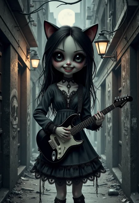 yfg-ge0m, Gothic illustration style, a creepy doll-like figure with cat ears holding a guitar, standing in a dark, eerie alley, over-sized black eyes and a wide grin, tattered dress with intricate lace details, dim streetlights casting long shadows, skull graffiti on the walls, background with industrial elements, muted color palette with shades of gray and black, textures of decaying wood and metal, atmosphere filled with a sense of dread and mystery.