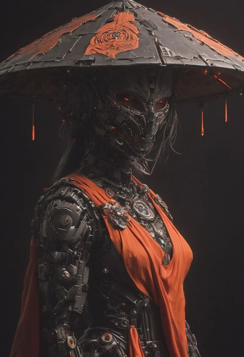 Red and Grey color graded glamour portrait photo of an Cyborg Samurai, macro, a captivating vibrant dark neon capturing the essence of a cyborg Bedouin sorcerer in fight stance, defying expectations by conjuring a whimsical robot 'freak' from an oversized sedge hat. ethereal, smoky backdrop. throwing a translucent orange/tanslucent purple/black, weapon, katana, holding katana, atmospheric haze, Film grain, cinematic film still, shallow depth of field, highly detailed, high budget, cinemascope, moody, epic, OverallDetail, gorgeous, 2000s vintage RAW photo, photorealistic, candid camera, color graded cinematic, eye catchlights, atmospheric lighting, skin pores, imperfections, natural, shallow dof