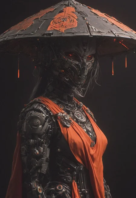 Red and Grey color graded glamour portrait photo of an Cyborg Samurai, macro, a captivating vibrant dark neon capturing the essence of a cyborg Bedouin sorcerer in fight stance, defying expectations by conjuring a whimsical robot 'freak' from an oversized sedge hat. ethereal, smoky backdrop. throwing a translucent orange/tanslucent purple/black, weapon, katana, holding katana, atmospheric haze, Film grain, cinematic film still, shallow depth of field, highly detailed, high budget, cinemascope, moody, epic, OverallDetail, gorgeous, 2000s vintage RAW photo, photorealistic, candid camera, color graded cinematic, eye catchlights, atmospheric lighting, skin pores, imperfections, natural, shallow dof