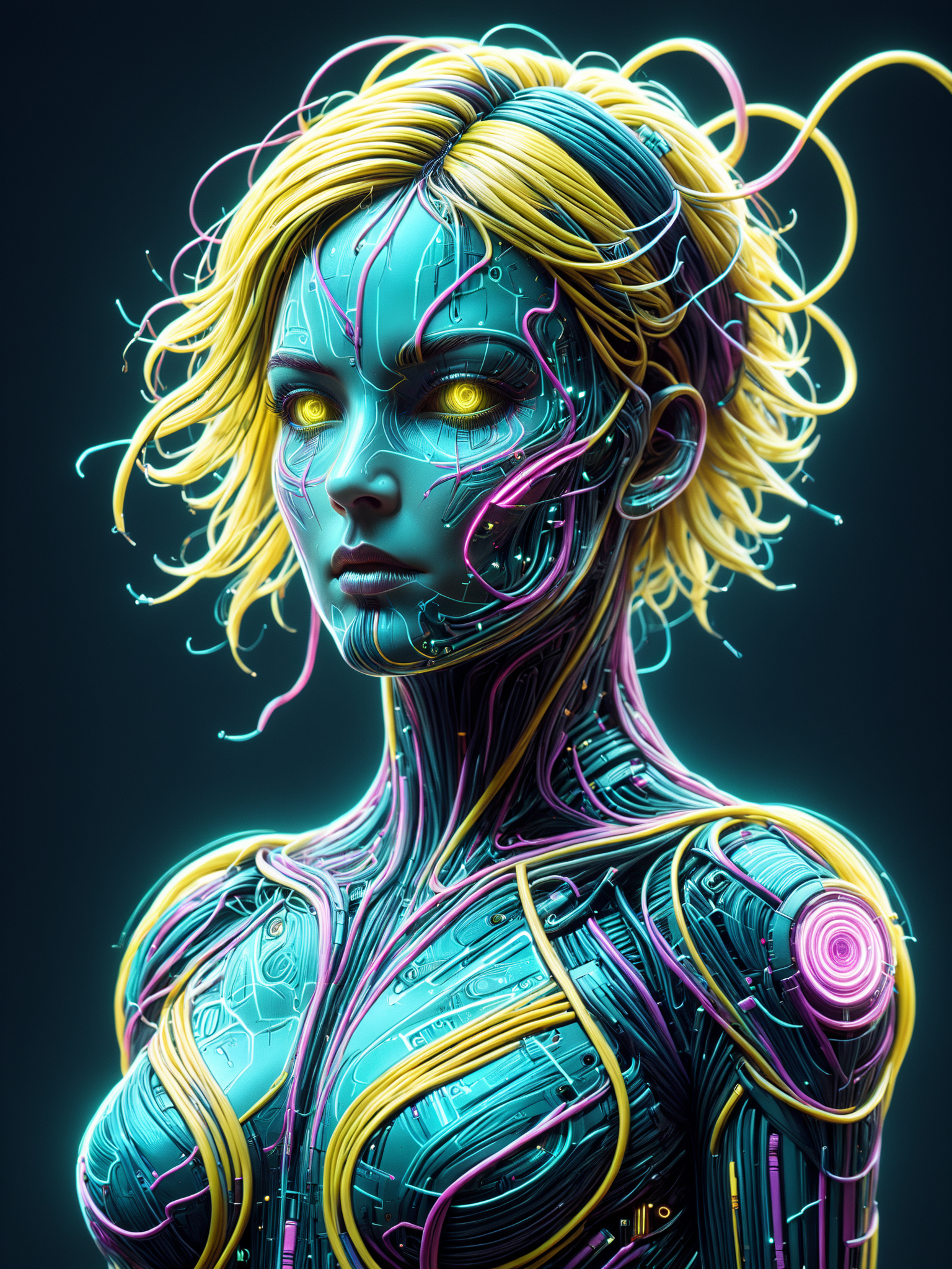 female cyborg made of mad-cable,  in the style of alphonse mucha, geometric pattern in the background, neon yellow lightning, neon teal lightning, neon magenta lightning, cables, wires, synthwave, vaporwave, retro futurism, circuitboard, dark futuristic <lora:Dark_Futuristic_Circuit_Boards:0.6>    <lora:Cables_SDXL:0.8>  <lora:Neon_Cyberpunk_SDXL_Cyberspace:0.5> mad-cyberspace, cyberpunk, scifi, 1980s, retro <lora:aesthetic:1> aesthetic <lora:sd_xl_dpo_lora_v1:1>, (masterpiece:1.2), best quality, (hyperdetailed, highest detailed:1.2), high resolution textures