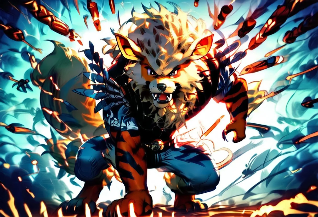 Solo, hyper realistic, photorealistic, highly detailed, anime, 2 Male character, over shoulder action shot, furry, anthro, not human, wearing a cowboy hat, Wild West background, Wild West setting, action scene, fight scene, dynamic dynamite going boom, bullets flying past, arcanine, high noon, 1 v 1, 2 characters, firing revolvers