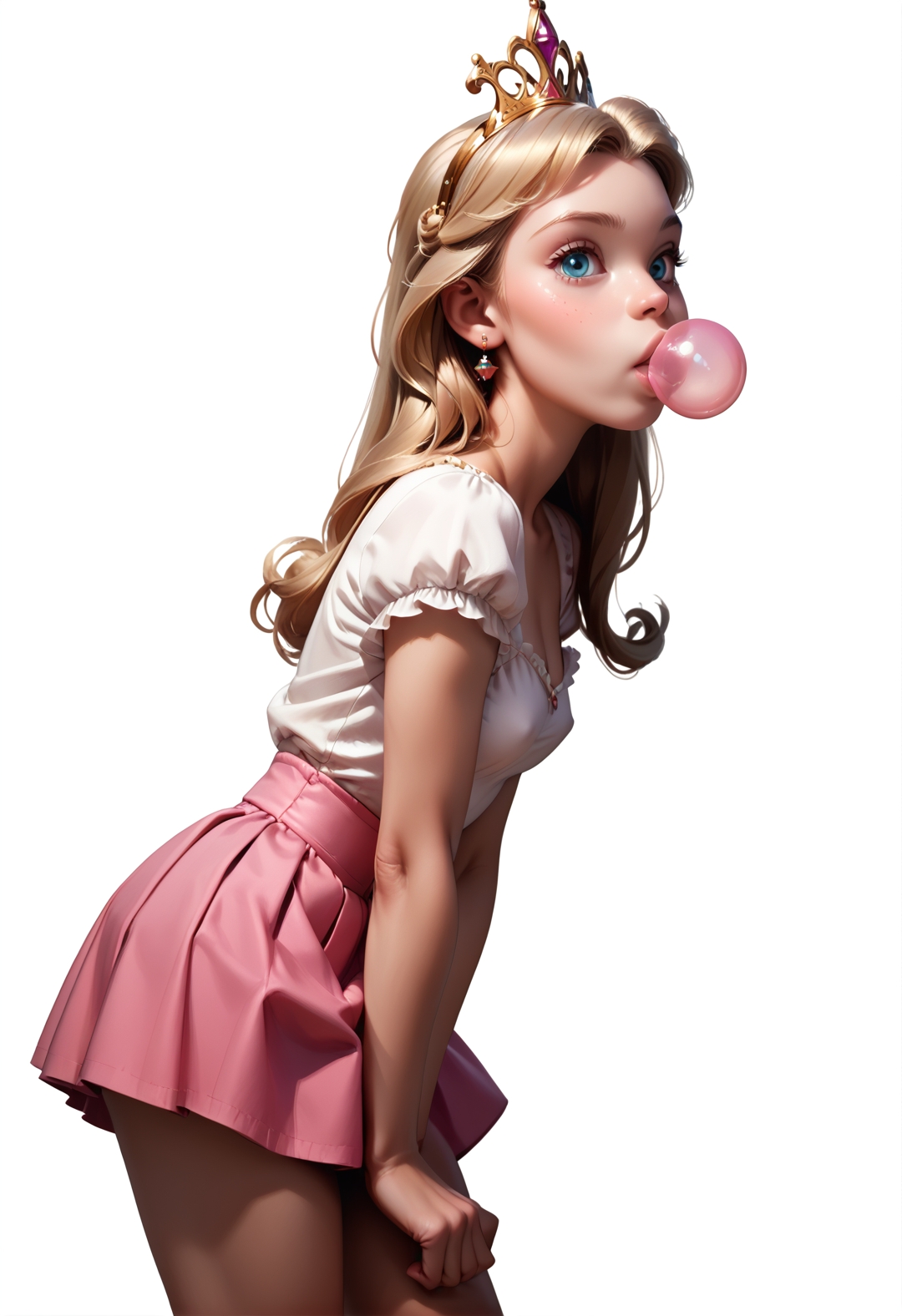 20005l34z3 <lora:princess_rc_pony_v2:.7> Princess Cinderella (petite:0.9) 23 year-old, simple background,(breasts:1.2)<lora:IndesleazeAAmerger:0.85> bubblegum, skirt, thong, bent over, ((score_9), score_8_up, score_7_up),score_6_up,score_4_up,score_5_up