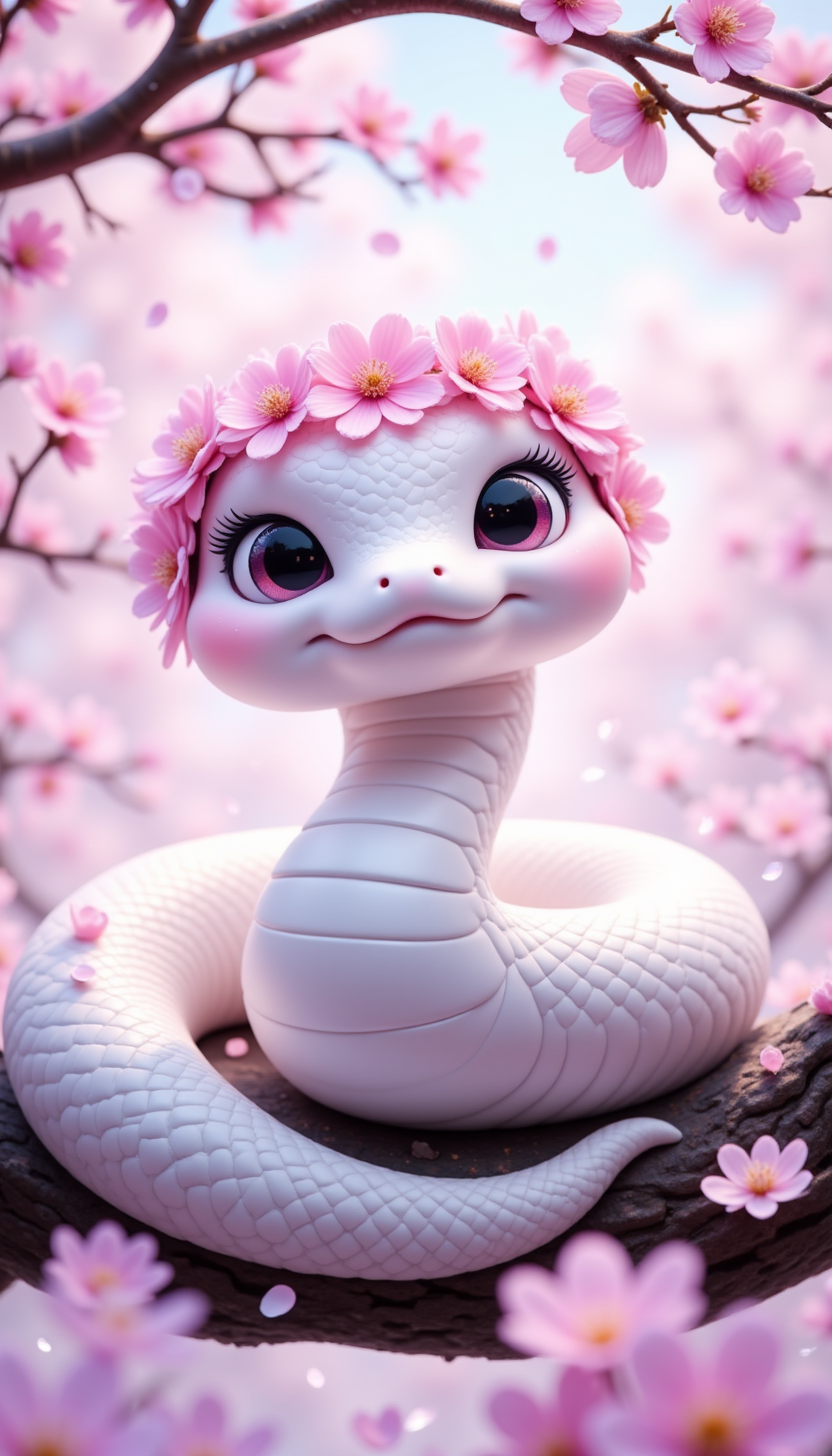 pinkchibisnakeyear,
 A serene, pearl-white snake wearing a blossom wreath on its head, resting on a branch covered in soft pink cherry blossoms, petals gently falling around it as the wind carries the scent of spring. The sunlight glows through its semi-translucent scales, making it look almost ethereal.