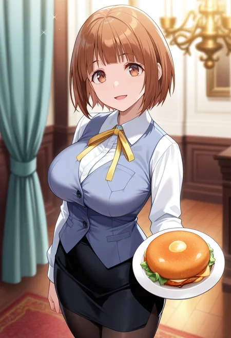 masterpiece, best quality, amazing quality,arino yayoi, brown eyes, brown hair, short hair, mature female, 1girl, breasts,solo, large breasts,white shirt,blue vest,black skirt,pantyhose,yellow ribbon,open mouth, light smile, holding plate, arm at side, standing, looking at viewer, cowboy shot,indoors, curtains, chandelier, blurry background <lora:arino yayoiV1:1>