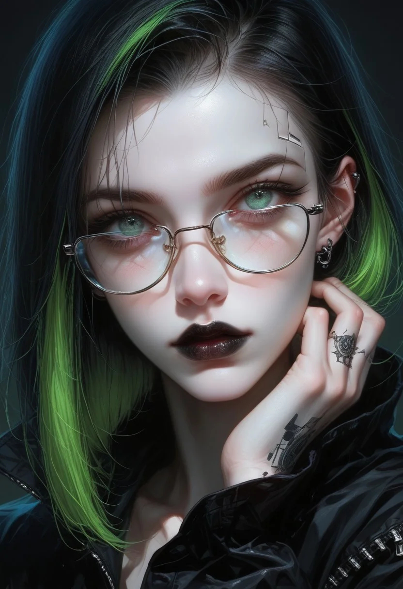 Incredible background, extreme closeup of Stunning female cyberpunk hacker, straight-cut two-tone hair, black with neon green highlights pop culture glasses, dark eye-shadow, black lipstick, looking at an unseen computer screen, her glasses reflecting neon blue mirrored, reversed ASCII analog text on a black background, Perfect Composition, realistic photographic image, RAW photo highest quality, perfect directional lighting, incredible cover photo, best background, dark fantasy and horror meet punk's rebellious energy, Gothic art style, gothic details, dramatic compositions, rich symbolism