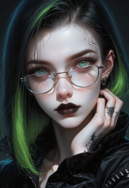 Incredible background, extreme closeup of Stunning female cyberpunk hacker, straight-cut two-tone hair, black with neon green highlights pop culture glasses, dark eye-shadow, black lipstick, looking at an unseen computer screen, her glasses reflecting neon blue mirrored, reversed ASCII analog text on a black background, Perfect Composition, realistic photographic image, RAW photo highest quality, perfect directional lighting, incredible cover photo, best background, dark fantasy and horror meet punk's rebellious energy, Gothic art style, gothic details, dramatic compositions, rich symbolism