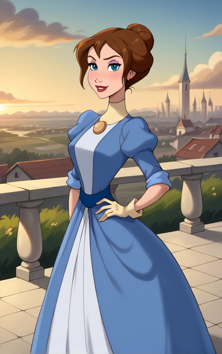 score_9, score_8_up, score_7_up, looking at viewer,  BREAK
BlueDress_JanePorter_ownwaifu, 
1girl, blue eyes, breasts, brown hair, single hair bun, short hair, makeup, lipstick, jewelry, hair bun, lips, necklace, red lips, 
blue dress, brooch, long dress, puffy sleeves, sleeves rolled up, turtleneck, yellow gloves, dress, gloves, juliet sleeves, white gloves, choker,
(contrapposto, hand on hip), sunset, sidelighting, cityscape, vanishing point, outdoors, <lora:PONYXL_Tarzan_JanePorter_ownwaifu:0.9> , depth of field, solo,